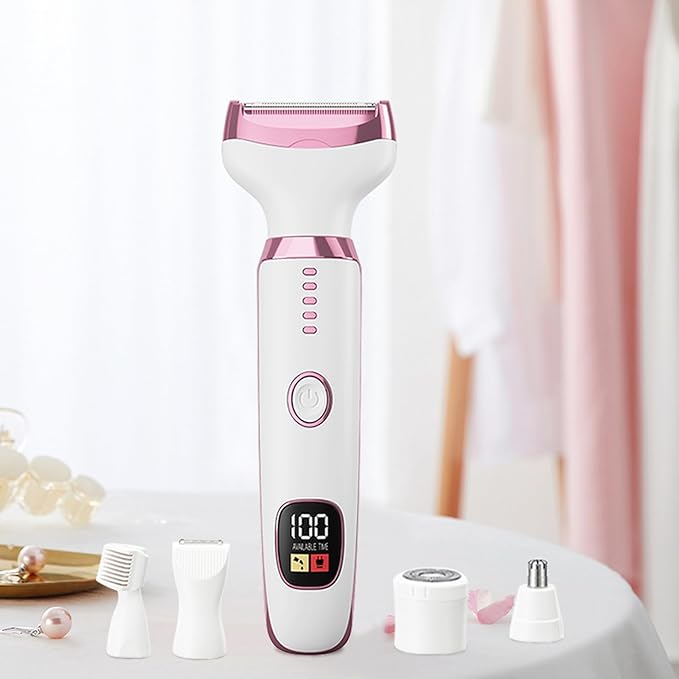 5-in-1 Electric Razor for Women - Bikini Trimmer with LED Display, Painless Hair Removal for Face, Nose, Eyebrows, Arms & Legs - Wet/Dry Rechargeable Shaver for Armpits & Pubic Area