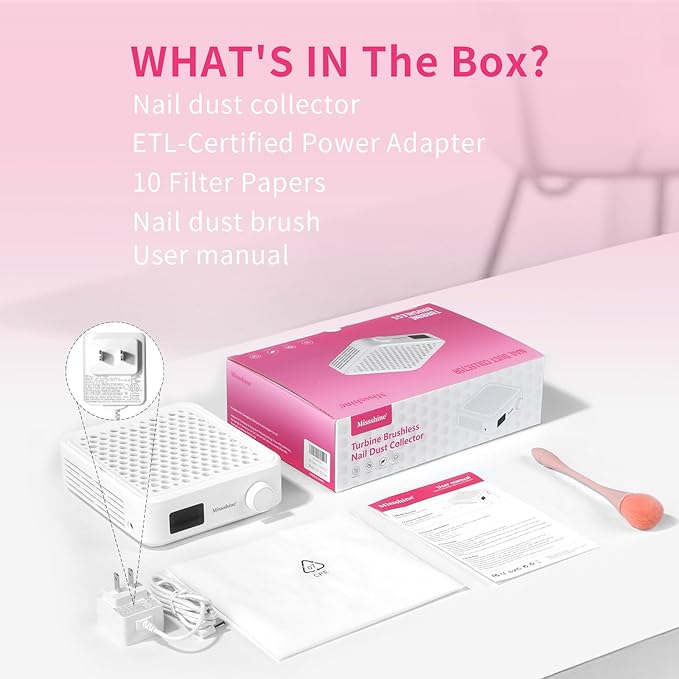 Missshine Nail Dust Collector with Adjustable Suction Power，Mini Vacuum Nail fan Dust Collector With Reusable Filter for Girls