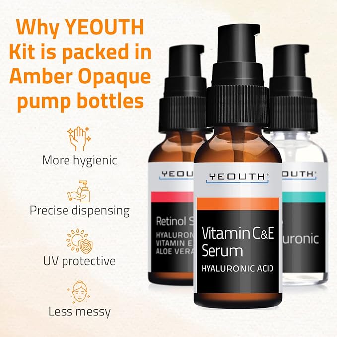 YEOUTH Skin Care Set: Retinol Serum for Face, Vitamin C and Hyaluronic Acid Serum, Face Care Kit that Targets Appearance of Uneven Uneven Skin and Dryness 3x1 oz