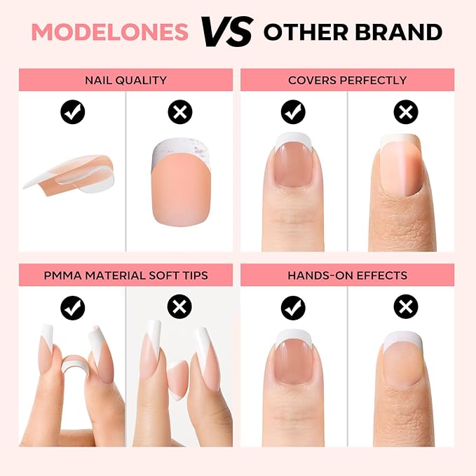 modelones French Tip Press on Nails, 150Pcs Extra Short Square Fake Nails with Nail Box, Deep Nude Gel Nail Tips for Women, Soft Glue-On Nails for Natural Salon Look, DIY Nail Art (15 Sizes)