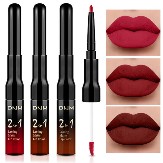 evpct 3Pcs Dark Ruby Brown Rose red Lip Stain Paint Matte Lip Liner and Lipstick Set Long Lasting labiales matte mate larga duracion listip 24 hours a prueba de agua mate 24 horas originales
