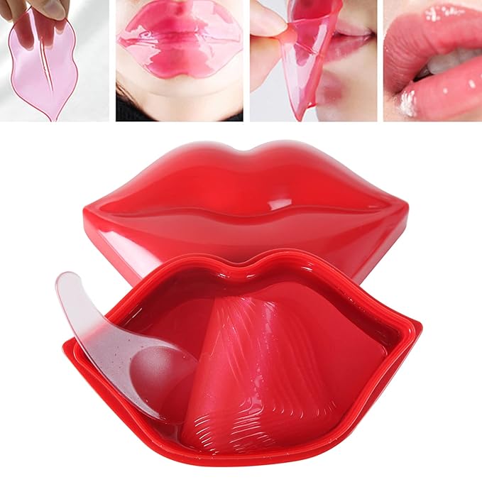 Lip Masks Sheet,Moisturizing Crystal Collagen Gel,Anti-Aging Lip Patches Reduces Lip Lines,Plump Dry Lips Overnight Lip Care,Fall/Winter Collagen Lip Sleep Mask 20 Packs with Box,Red