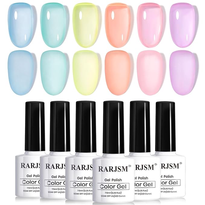 RARJSM Pastel Stained Glass Gel Nail Polish Set 6pcs Clear Orange Yellow Blue Pink Purple Crytal Transparent Jelly Series Sheer Amber Gel Varnish LED UV Curing Requires Spring Easter French Manicure