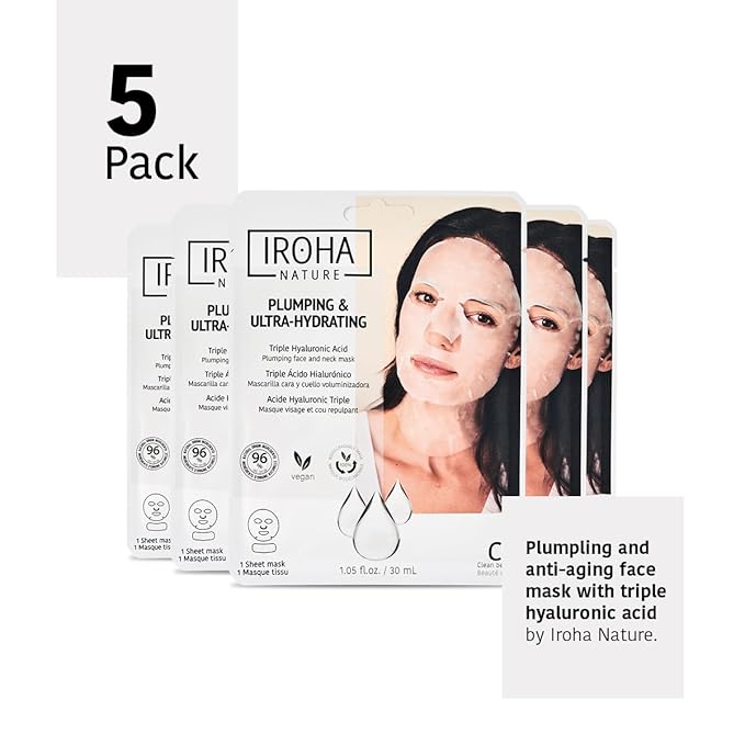 IROHA NATURE Replumping & Anti-Aging Tissue Face Mask (Pack of 5) | With Triple Hyaluronic Acid | Deep Hydration & Anti-Aging Effect | For Softer Skin | 100% Vegan