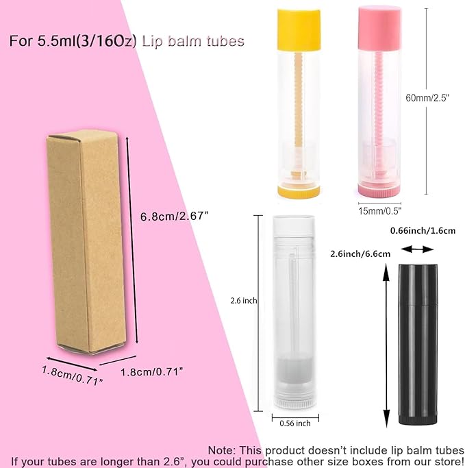 50 Pcs Lip Balm Containers Packaging Boxes, 2.67x0.7x0.7 Inch Wrapping Box for 0.15Oz Lipbalm Round Tubes, 5.5ml DIY Lipsticks Kraft Paper Package Boxes