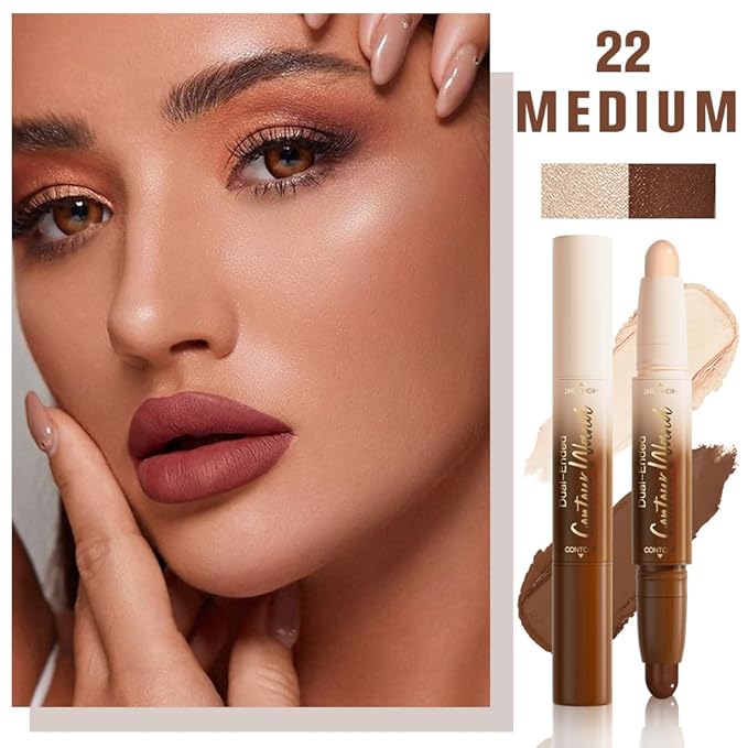 2Pcs 2in1 Cream Contour Highlighter Stick, Dual-Ended Highlighter Makeup Contour Stick, Contour Stick Dual Ended For Face Body Makeup,Long Lasting Waterproof for All Skin Tones (02+04)
