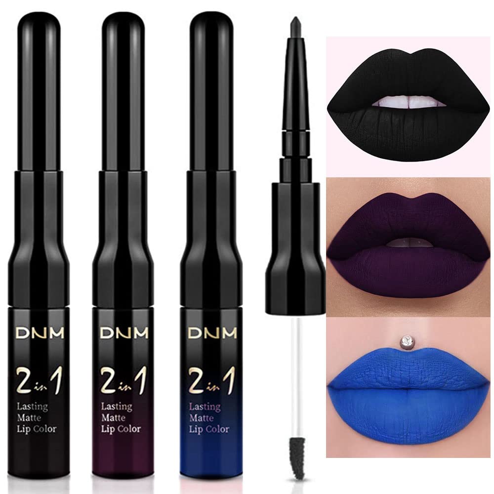 evpct 3Pcs Dark Black Purple Royal Blue Matte Lip Liner and Liquid Lipstick Lip Stain Makeup Set Smudge Proof, 24 Hours Original Long Lasting Matte Lipstick Waterproof labial mate larga duracion 24