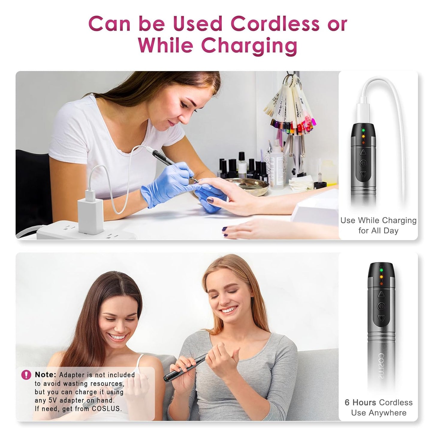 COSLUS Cordless Nail Drill Electric File: Professional for Acrylic Gel Dip Powder Nails Portable Nail Drill Machine Kit for Manicure Pedicure Nail Set with Everything Rechargeable Lightweight