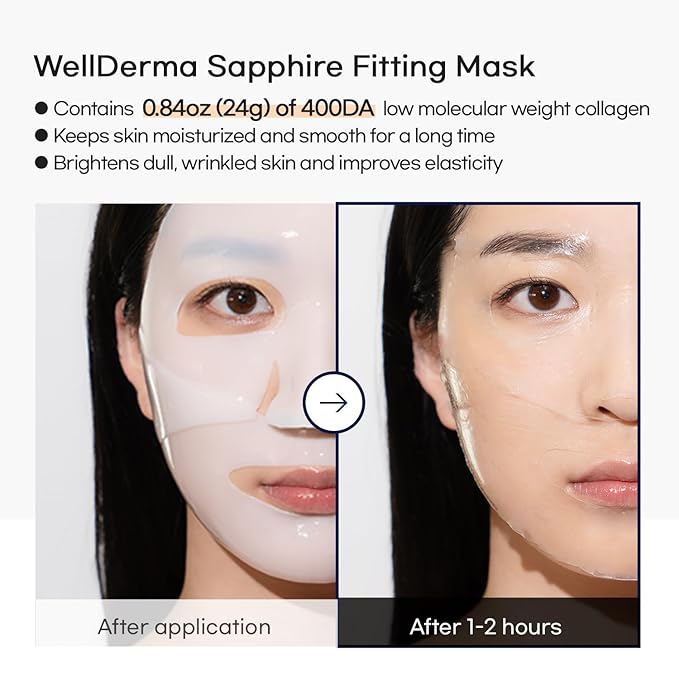 WELLDERMA Sapphire Collagen Face Mask Premium Impact Fitting Overnight Face Mask 4EA-Korean Face Sheet Mask for all skin types-Hydrating facial mask sheets-Patented Structure Hydrogel Type-Niacinamide