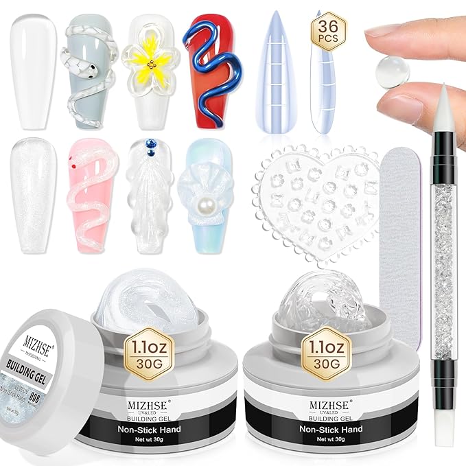 MIZHSE Solid Builder Gel for Nails Kit: 2PCS 30g 3D Pearl White & Clear Hard Gel for Nailswith Nail Forms 3D Silicone Mold Soak off U V LED Builder Gels for Extension Home Manicure