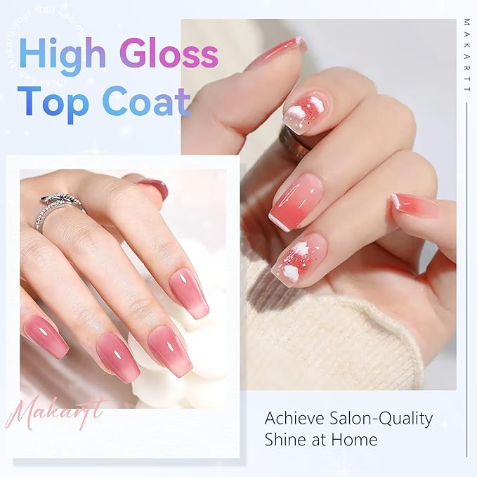 Makartt Gel Top Coat - 2 PCS No Wipe Top Coat Gel Nail Polish High Glossy Shine Finish Long Lasting, 10ML Clear Soak Off UV Nail Lamp, Salon Quality Art Design for Home Use Beauty Gift