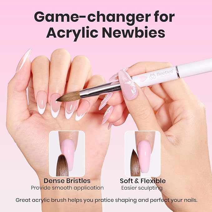 Beetles Acrylic Nail Brush Kolinsky Hair Bristles Round Shaped Metal Handle Nail Art Brushes for Acrylic Powder Manicure Extension DIY at Home Manicure Tool - Size 8