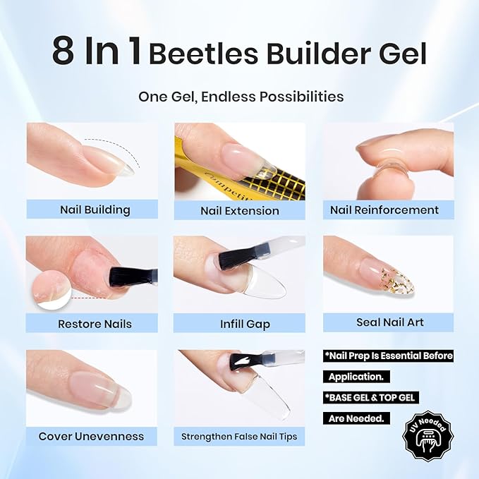 Beetles Builder Gel for Nails 0.51 OZ 8 in 1 Clear Nail Builder Strengthener Gel Enhancement Nail Gel Building Nail Apex for Beginners & DIY Salon Manicure