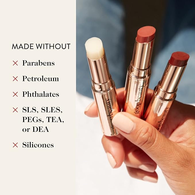 goop Beauty Lip Balm Trio | Moisturizing & Hydrating Lip Balm for Chapped & Dry Lips | Clear, Translucent Garnet, & Sheer Rose | Lip Tint with Nourishing Formula | Petroleum Free | 0.16 oz Each