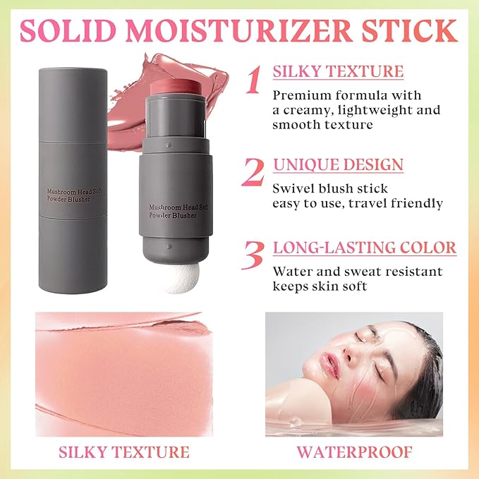 3PCS Blush Stick for Cheeks,Multi-use Solid Matte Makeup Stick Blush Cream for Cheek Eyes and Lips Tint,Moisturizing Tinted Cream Blush,Natural Blendable Cheek Blusher with 3 Makeup Sponges A3