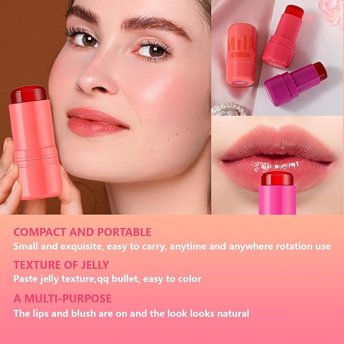 2 Pcs Milk Jelly Blush,Jelly Tint Blush Stick Sheer Lip & Cheek Stain Milk Cooling Water Jelly Tint Long Lasting Face Blushes, Lip Gloss Cheek Solid Moisturizer Stick (01#+02#)