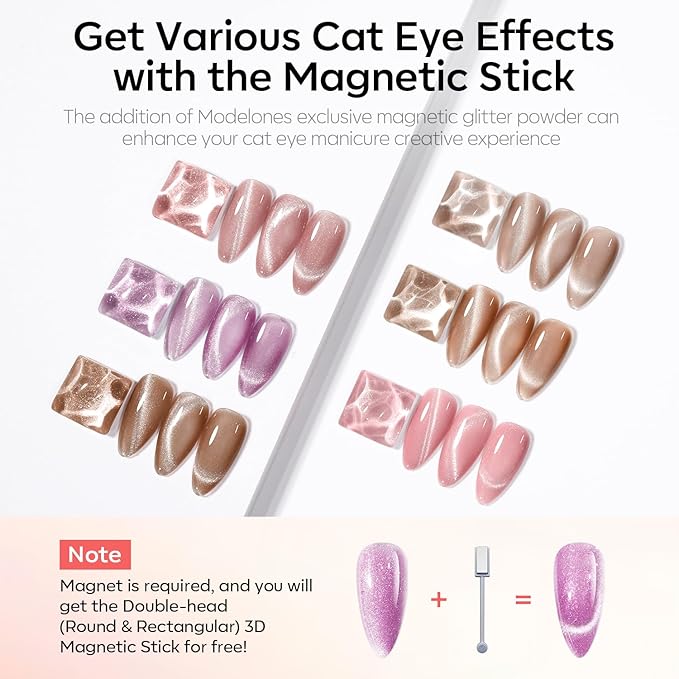 modelones Cat Eye Gel Nail Polish 6 Colors Nude Pink Brown Purple Cat Eye Nail Polish Glitter Semi-transparent Holographic 9D With Magnet Pastel All Seasons Soak Off Led Nail Art DIY Salon Gifts
