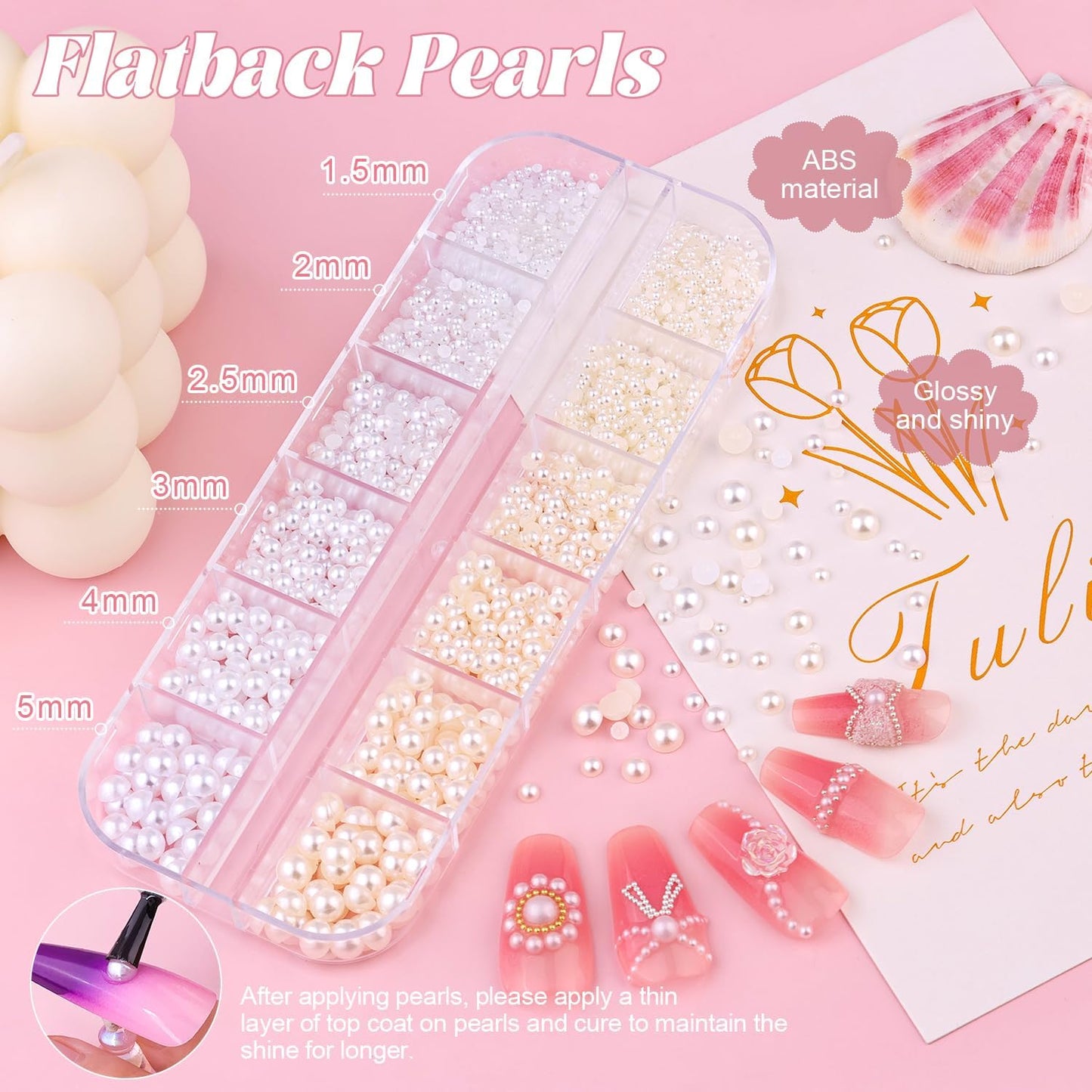 2 Boxes Flatback Pearls (White+Beige) and Silver+Gold Nail Beads for Nail Art with Rhinestone Glue Gel, Pearl Nail Charms and Gems and Small Round Caviar Beads for Acrylic Nail Tips Manicure