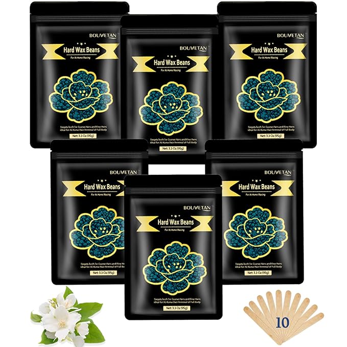 Hard Wax Beads, Bouvetan 1.3Lb/21oz Wax Beads for Brazilian Waxing, Hard Waxing Beans for Eyebrow, Face, Bikini for Women Men Hair Removal with 10pcs Spatulas, 6 Packs (Jasmine)