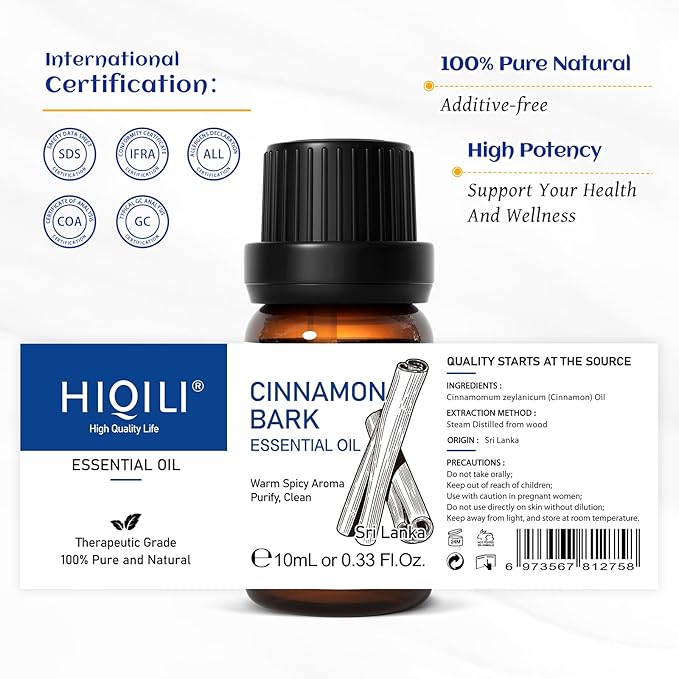 HIQILI 0.33 Fl Oz Cinnamon Essential Oil for Spary, Diffuser, Garden and Kitchen - 100% Pure Natural - Indoor and Outdoor, 10 ML
