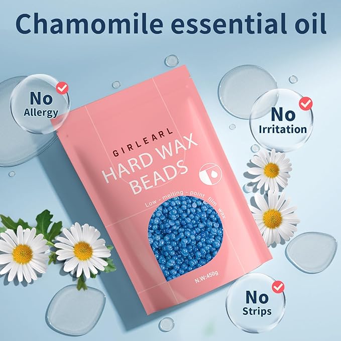 Hard Wax Beads, 1lb Wax Beans for Hair Removal, Hard Wax for Women Sensitive Skin at Home, Wax Refill Perfect for Brazilian Bikini, Eyebrow, Legs, Facial and Full Body with Chamomile Formula