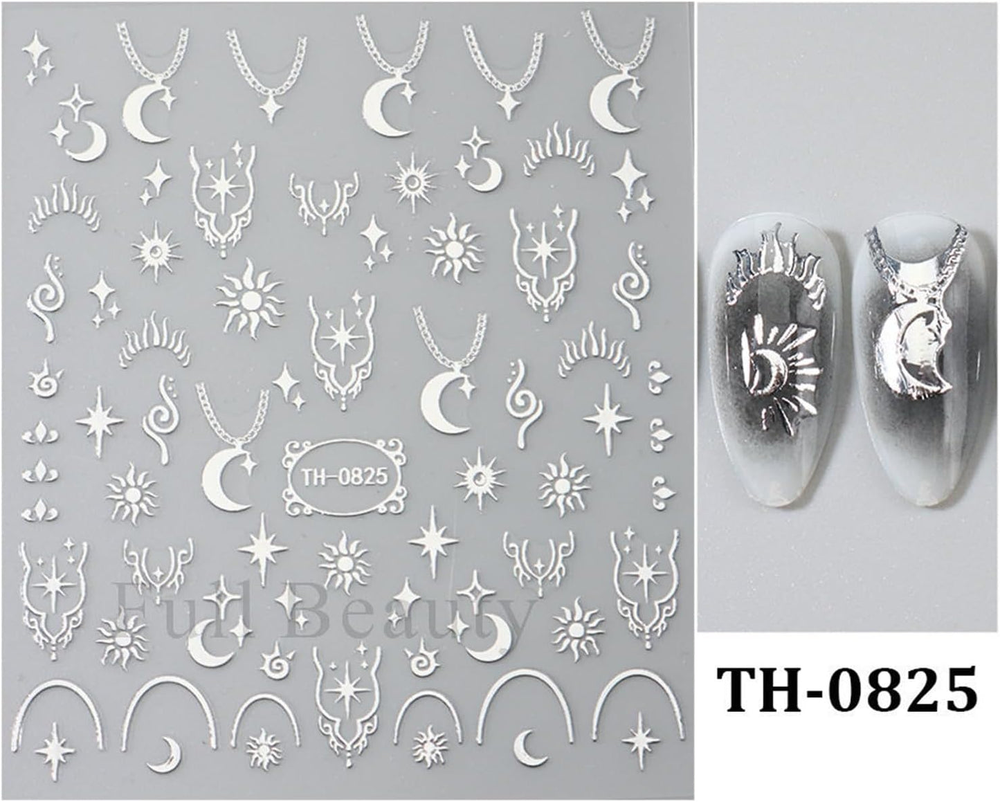 Metallic Silver Nail Art Stickers 3D Self-Adhesive Nails Stickers Bohemian Sun Moon Hexagram Butterfly Heart French Tip Decal Supplies Women DIY Silver Metal Nail Art Decoration 4Sheets