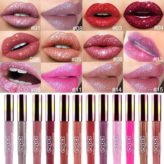 evpct 2Pcs Rose & Hot Pink Glitter Metallic Shimmer Diamond Lipstick Lip Gloss Set for Women Long Lasting Waterproof, Light Bright Rose Pink Sparkle Glitter Matte Liquid Lipstick Lip Makeup Kit