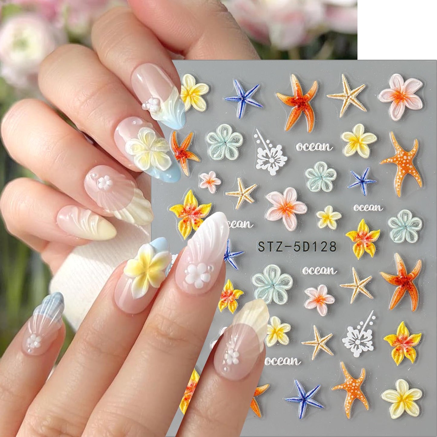 Cute Flowers Nail Art Stickers 5D Embossed Flower Nail Decals with Rhinestones Design Nail Stickers Self-Adhesive Colorful Floral Starfish Nail Decal French Sticker for Women Summer Hawaii Nails Decor
