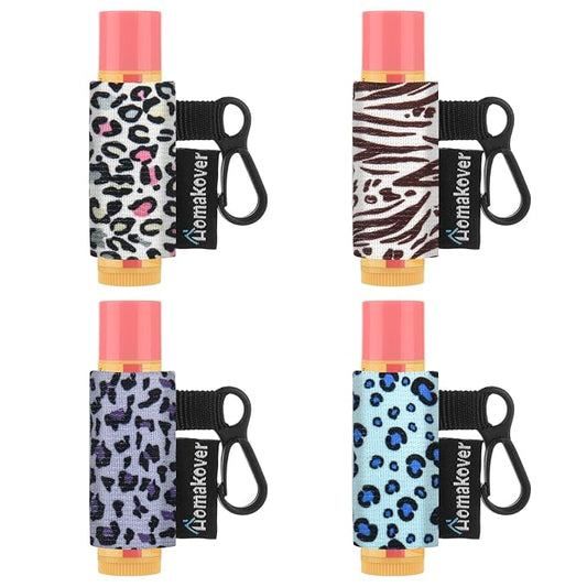 4 Pack Keychain Chapstick Holder, Leopard Pattern - Elastic Band, Fits Most Standard Lip Balm, Quick-Release Clip, Unisex-Adults