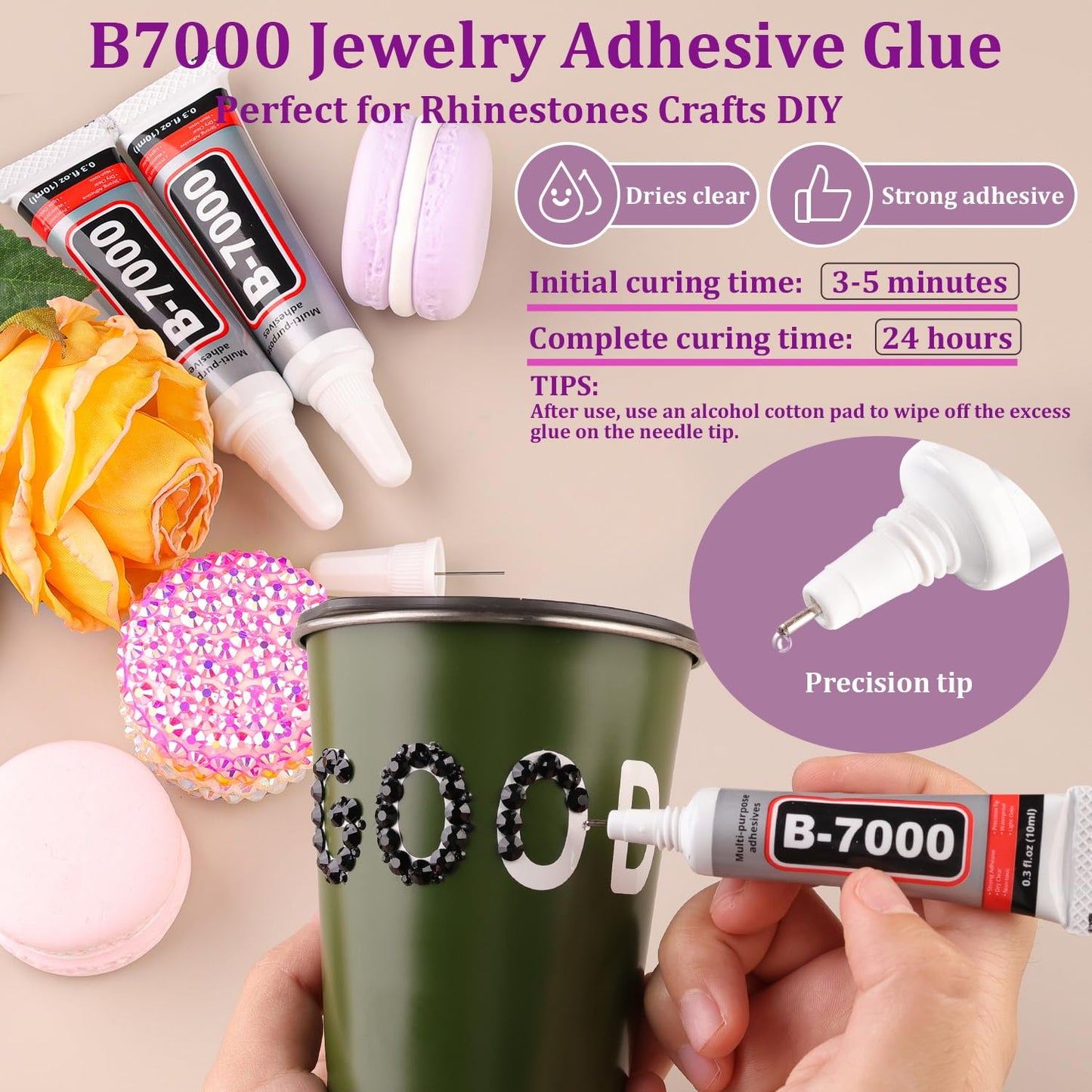 Resin Jelly Rhinestones for Crafting with B7000 Jewelry Glue, 2 Boxes Black Flatback Crystals with 3Pcs 10ml Glue, Bedazzling Non Hotfix Gems for DIY Tumblers Clothing Shoes Manicure