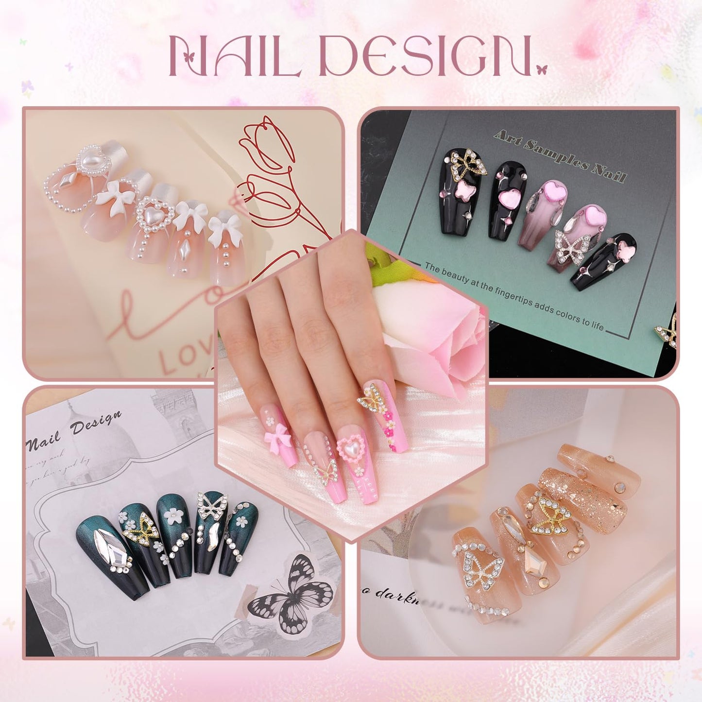 3D Nail Charms and Gems Set 7, 20PCS Chunky Butterfly Charms + 75PCS Coquette Nail Bows and Hearts + 3D Flowers for Nails with Rhinestones, Pearls, Diamonds and Picker Tools for Y2K Nail Decor