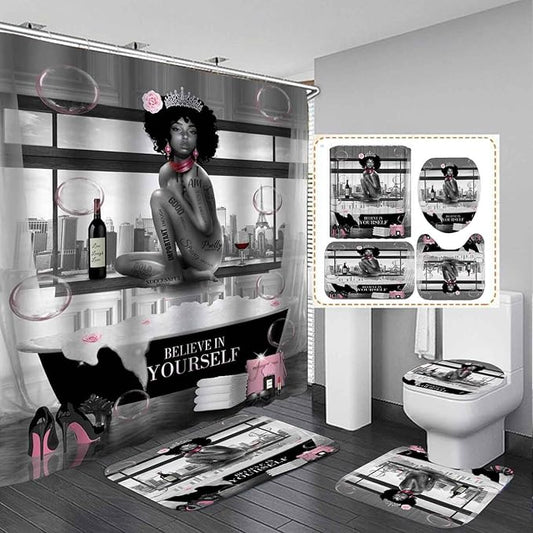 4PCS Sexy Black Girl Shower Curtain Set, Romantic Pink Floral High Heels Bubble Red Wine Afro Lady African American Woman Inspirational Quotes Bathroom Decor, Non-Slip Bath Rugs, Get Naked