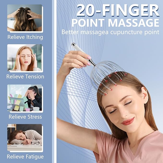 Head Massager Scalp, Electric Scalp Massager with 20 Metal Fingers – Head Scratcher & Hair Massage Tool, Waterproof Relaxation Device for Men and Women