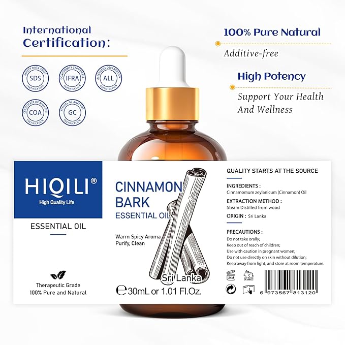 HIQILI Cinnamon Essential Oil for Spary, Diffuser, Garden and Kitchen - 100% Pure Natural - Indoor and Outdoor, 1.01 Fl Oz