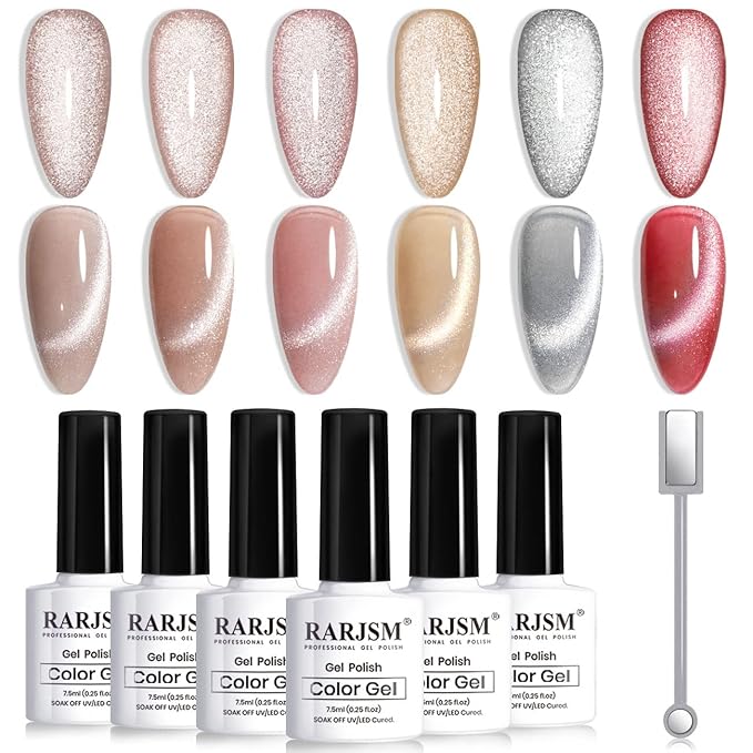 RARJSM Cat Eye Gel Nail Polish Set Silver Glitter Nude Purple Pink Red Champagne Gold Brown 6 Colors 9D Galaxy Velvet Ice Jelly Gel Polish with Magnet Stick UV LED Curing Requires Soak Off Home Salon