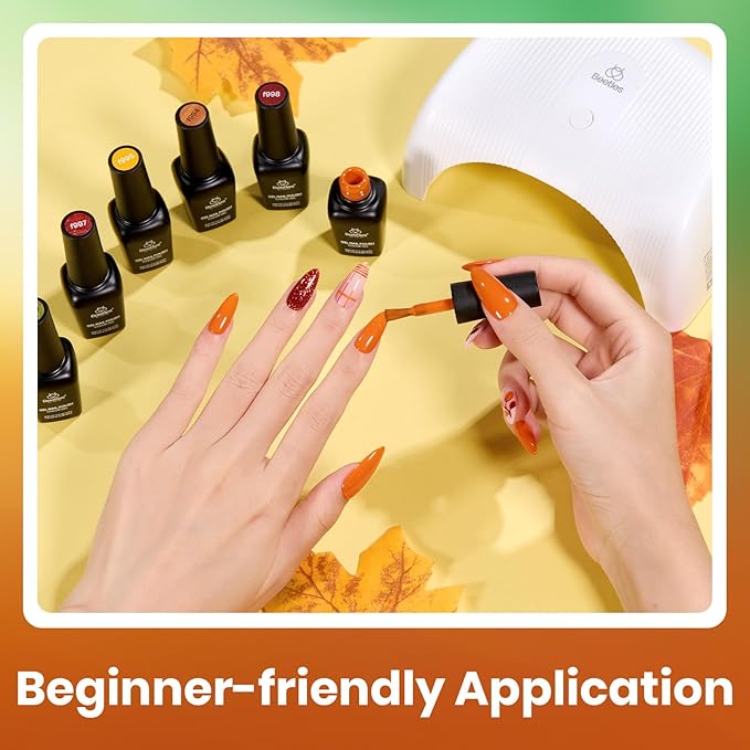 Beetles Fall Gel Nail Polish Set, 6Pcs Yellow Orange Burgundy Red Green Gel Polish Golden Glitter Nails Kit Autumn Realm Collection DIY Nail Art Gifts for Women