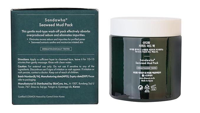 SKINCURE Vegan Seaweed Mud Mask, Korean skincare Blackhead Remover Clay Mask for Pore Cleansing with Kaolin & Bentonite, Oil Control & Gentle Exfoliation, 3.5oz