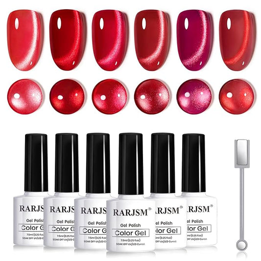 RARJSM Red Cat Eye Gel Nail Polish Set 6 Pcs Smoothie Ceramic Silver White Glitter Shimmer Burgundy Cherry Dark Wine Red Velvet Diamond Cateye Gel Polish with Magnetic Stick Soak off Curing Require
