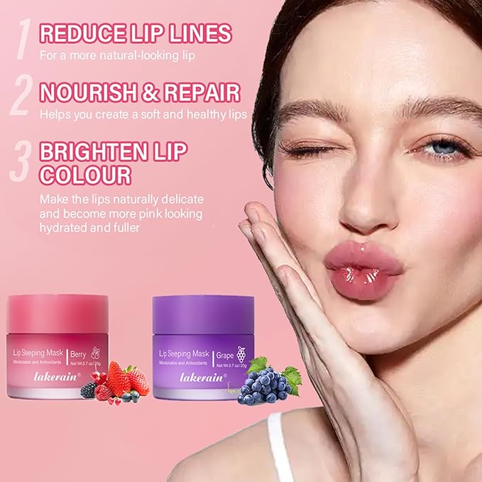 2PCS Lip Sleeping Mask, Lip Mask Overnight, Moisture & Lip Plumper Lip Wrinkles, Repair Lip Balm Prevention Dry and Cracked Lip Scrubs Exfoliato Smoothing Dry Lip Mask (Berry + Grape)