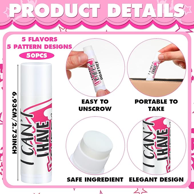 50 Sets Cheer Gifts Bulk 50 Cheer Lip Balm Bulk Moisturizing with 50 Organza Drawstring Gift Bags 50 tags Cheerleader Gifts Cheer Gifts Bulk for Team (Pink)