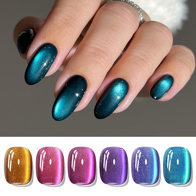 Born Pretty Cat Magnetic Eye Gel Nail Polish Glitter Auroras Magnetic Gel Polish Colorful Holographic Cat Magnetic Eye Nail Art Manicure DIY at Home 6PCS