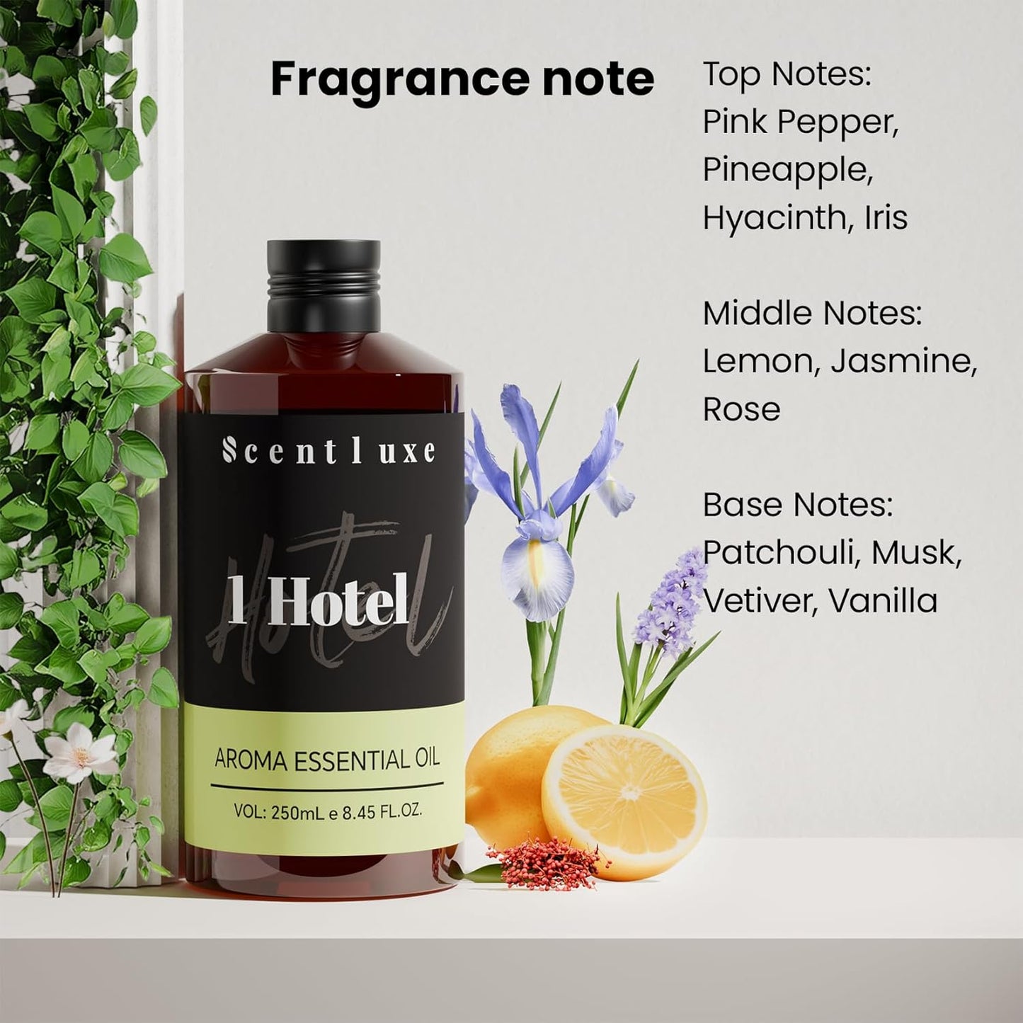 Hotel Diffuser Oil & Aroma Essential Oil Blend Luxury 1 Hotel Inspired Aromatherapy with Jasmine, Pink Pepper, Pineapple, Cedar & Amber for Ultrasonic Diffusers & Nebulizers - 8.45 fl oz, 250 mL