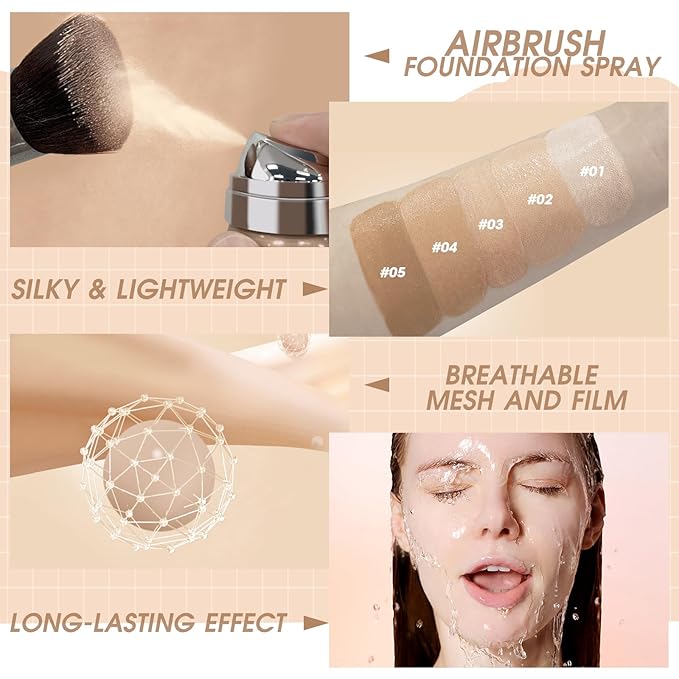 AirBrush Foundation Spray, Silky Mist Foundation Spray Makeup Set with Brush, Full Coverage Foundation for Smooth Radiant Finish, Formula Breathable Lightweight Hydrating | #03 Warm Peach