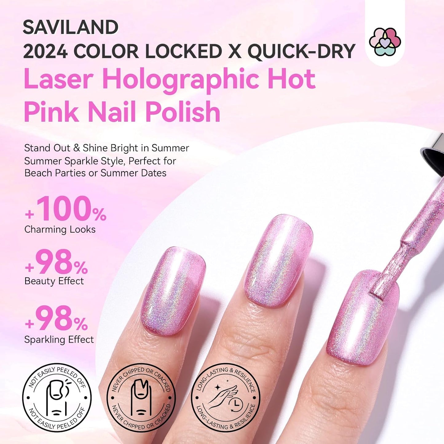 SAVILAND Holographic Nail Polish Pink: Metallic Chrome Nail Polish Air Dry Fast,10 ml/0.34 oz High Glossy Shimmer Glitter Nail Pigment Oil-based Fingernail Polish for Salon DIY Home for Women