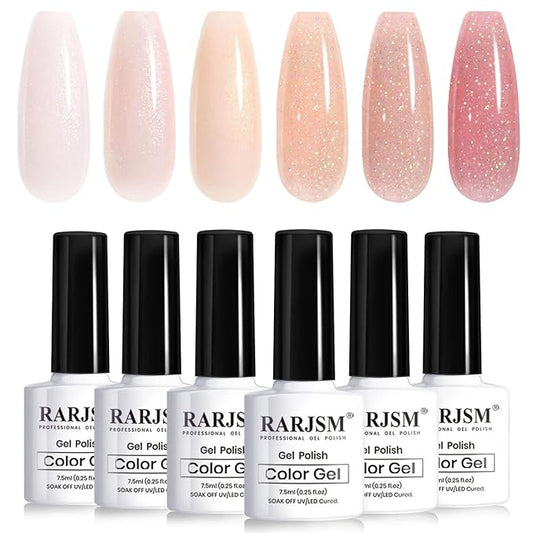 RARJSM Glitter Gel Nail Polish Nude Gel Polish 6pcs Set Shimmery Jelly Nail Gel Polish Iridescent Sparkly Pale Pink Purple Apricot Beige Translucent Natural Skin Tone Color 7.5ml Soak off UV LED Cured