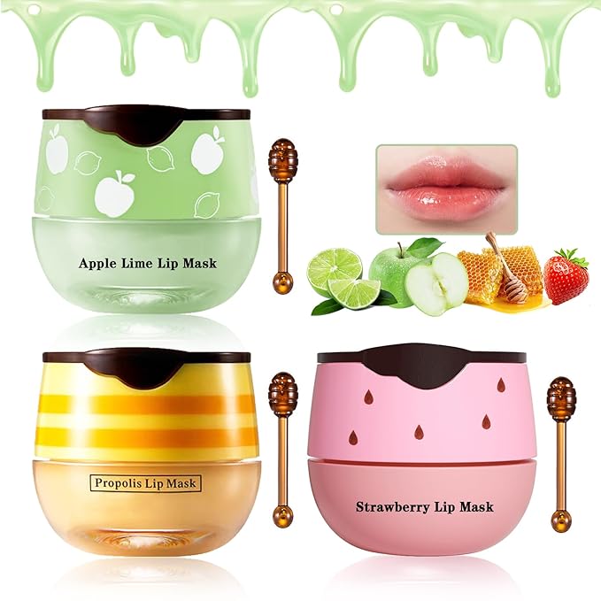 3PCS Bee Lip Balm Honey Pot Honey Strawberry Apple Lip Balm Sleeping Lip Mask Silky Hydrating Bee Lip Balm Lip Mask Overnight Lip Care Products(Honey+Strawberry+Apple Lime)