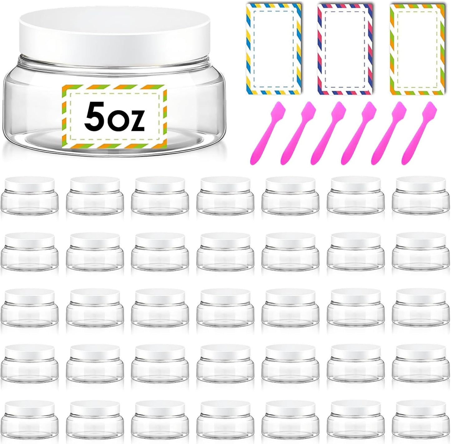 36 Pack 5 oz Plastic Cosmetic Containers With Lids Refillable Clear Empty Travle Jars Containers for Body Butter,Sugar Scrubs,Cream,Lotions,Candy, Waterproof Label&Spatulas - (White Lid)