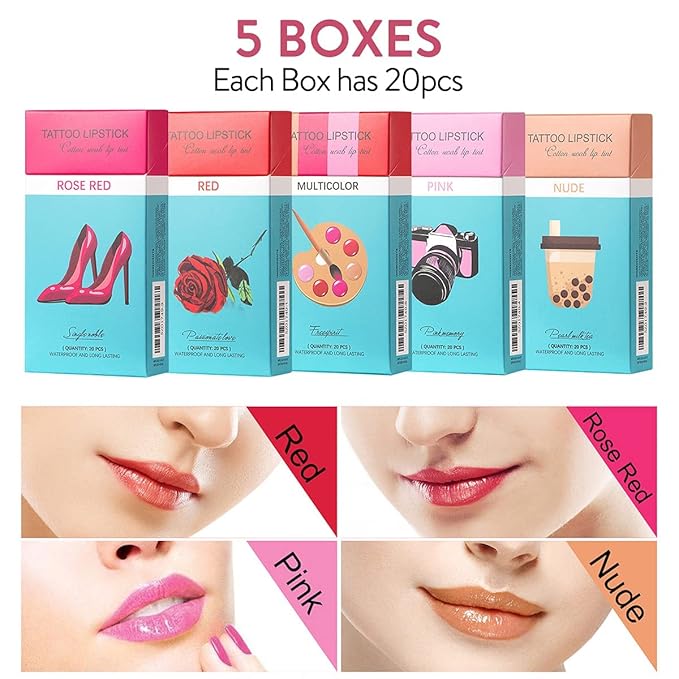 FLIPNEX 20Pcs Cotton Swab Tattoo Lipstick, Tattoo Lipstick Cotton Swab Lip Tint, Waterproof and Long Lasting Liquid Non-Stick Portable Lip Gloss (Multicolor)