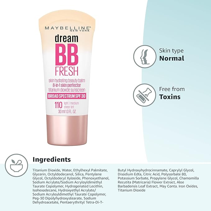 Maybelline Dream Fresh Skin Hydrating BB cream, 8-in-1 Skin Perfecting Beauty Balm with Broad Spectrum SPF 30, Sheer Tint Coverage, Oil-Free, Light/Medium, 1 Fl Oz