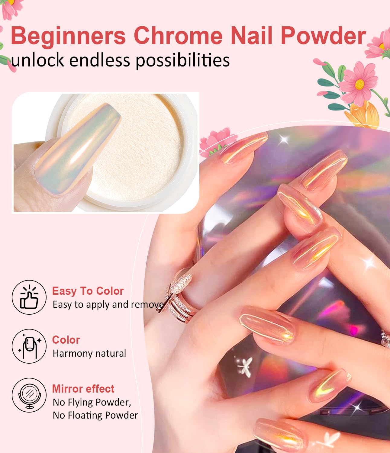 Pearl Chrome Nail Powder BISHENGYF -【Fairy Effect】 Pink Chrome Nail Powder Aurora Mermaid Iridescent White Pearl Clear Nail Chrome Powder, Metallic Mirror Pigment Glitter Dust for Manicure Decoration